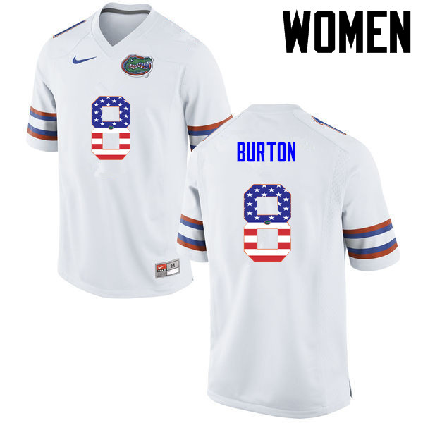 Women Florida Gators #8 Trey Burton College Football USA Flag Fashion Jerseys-White - Click Image to Close